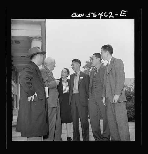 Chinese technical experts who are attending UNRRA (United Nations Relief and Rehabilitation Administration) training center at the University of Maryland discuss the program with Mr. F.L. McDougall, economic advisor for the High Commission for Australia and the Australian government delegate to the 