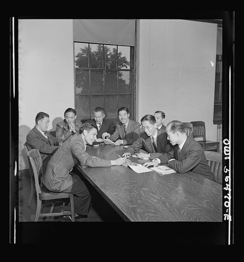 Chinese technical experts (agricultural) at a conference at University of Maryland where they are attending classes given by the UNRRA (United Nations Relief and Rehabilitation Administration) training center. From left: Chuan-Kwang Lin; Tseng-ying Hsu; Hsien-won Li; Ching-liang Hu; Wen-tsai Chang; 