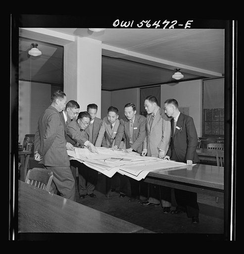 Chinese water conservancy experts examining contour maps at the University of Maryland, where they are taking courses at the UNRRA (United Nations Relief and Rehabilitation Administration) training center. From left: Lin Ping-yi, Liu Chung-juci, Chang Jen, Hsu Shih-ta, Wu Yui-sin, Tsai Pang-lin, Cha