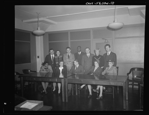 Untitled negative showing (left to right ) Maida Stewart Springer (International Ladies' Garment Workers Union), Grace E. Blackett (United Auto Workers Union), Warren Hall (Office of Price Administration (OPA) labor relations advisor), Julia O'Connor Parker (International Brotherhood of Electrical W