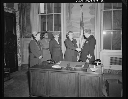 Untitled negative showing (left to right) Julia O'Connor Parker (International Brotherhood of Electrical Workers), Maida Stewart Springer (International Ladies' Garment Workers Union), Anne Murkovich (American Federation of Hosiery Workers), Grace E. Blackett (United Auto Workers Union, and Admiral 