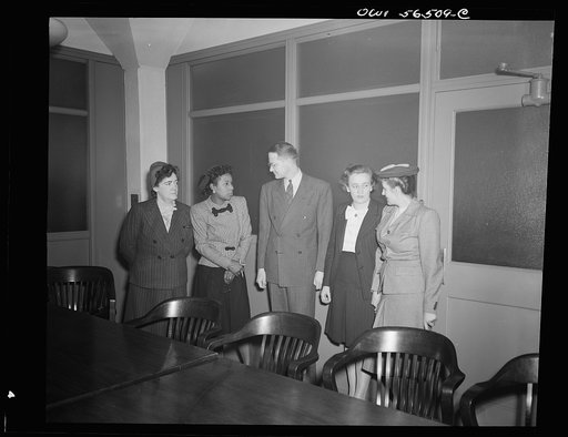 Untitled negative showing (left to right) Julia O'Connor Parker (International Brotherhood of Electrical Workers), Maida Stewart Springer (International Ladies' Garment Workers Union), Warren Hall, Grace E. Blackett (United Auto Workers Union), and Anne Murkovich (American Federation of Hosiery Work