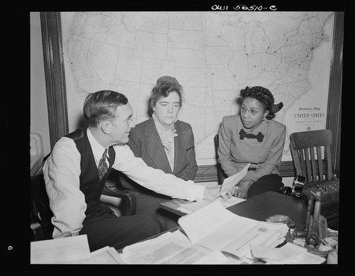 Untitled negative showing a man with (left) Julia O'Connor Parker (International Brotherhood of Electrical Workers) and Maida Stewart Springer (International Ladies' Garment Workers Union)