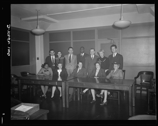 Untitled negative showing (seated left to right) Maida Stewart Springer (International Ladies' Garment Workers Union), Grace E. Blackett (United Auto Workers Union), Warren Hall, Julia O'Connor Parker (International Brotherhood of Electrical Workers), and Anne Murkovich (American Federation of Hosie