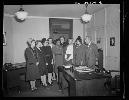 Untitled negative showing group including (left to right) Julia O'Connor Parker (International Brotherhood of Electrical Workers), Anne Murkovich (American Federation of Hosiery Workers) and (4th from left) Maida Stewart Springer (International Ladies' Garment Workers Union)