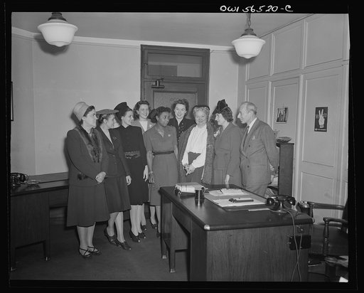 Untitled negative showing group including (left to right) Julia O'Connor Parker (International Brotherhood of Electrical Workers), Anne Murkovich (American Federation of Hosiery Workers) and (4th from left) Maida Stewart Springer (International Ladies' Garment Workers Union)