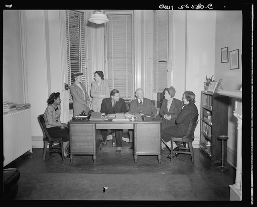 Untitled negative showing (left to right at left end of table): Maida Stewart Springer (International Ladies' Garment Workers Union) and Anne Murkovich (American Federation of Hosiery Workers) and (left to right at right end of table): Julia O'Connor Parker (International Brotherhood of Electrical W