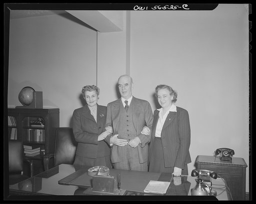 Untitled negative showing Anne Murkovich (American Federation of Hosiery Workers) (left), Grace E. Blackett (United Auto Workers Union)] and Philip Murray, president of the CIO