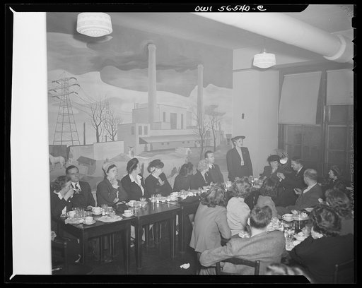Untitled negative showing Anne Murkovich (American Federation of Hosiery Workers) standing and speaking, Julia O'Connor Parker (International Brotherhood of Electrical Workers) (seated 3rd from left) and Maida Stewart Springer (International Ladies' Garment Workers Union) (seated 6th from left).  Gr