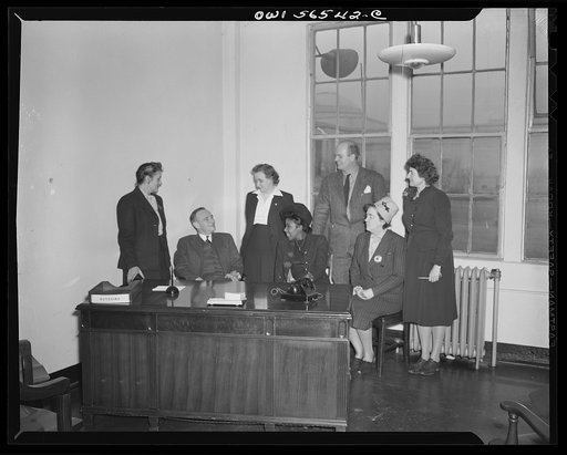 Untitled negative showing (left to right standing): Anne Murkovich (American Federation of Hosiery Workers), Grace E. Blackett (United Auto Workers Union) and (left to right seated) Maida Stewart Springer (International Ladies' Garment Workers Union) and Julia O'Connor Parker (International Brotherh