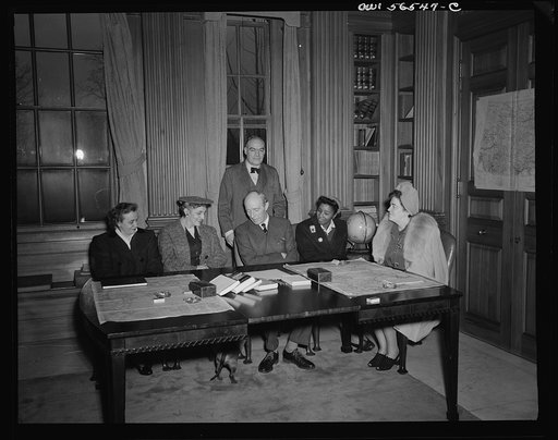 Untitled negative showing (left to right) Grace E. Blackett (United Auto Workers Union),  Anne Murkovich (American Federation of Hosiery Workers), Maida Stewart Springer (International Ladies' Garment Workers Union), and Julia O'Connor Parker (International Brotherhood of Electrical Workers)