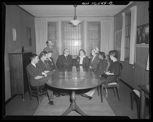 Untitled negative showing (left to right): Anne Murkovich (American Federation of Hosiery Workers), Grace E. Blackett (United Auto Workers Union, Julia O'Connor Parker (International Brotherhood of Electrical Workers) and Maida Stewart Springer (International Ladies' Garment Workers Union)