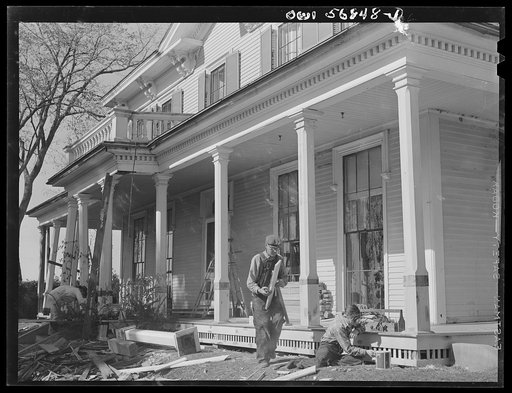 Untitled photo, possibly related to: Miscellaneous lot of photographs by Barbara Wright, e.g. University of Virginia, Franconia, New Hampshire, Maine. Repairs being made to the Washburne homestead "The Norlands," Livermore, Maine