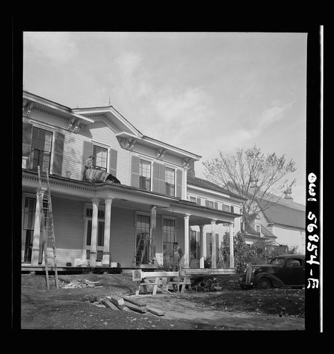 Untitled photo, possibly related to: Miscellaneous lot of photographs by Barbara Wright, e.g. University of Virginia, Franconia, New Hampshire, Maine. Repairs being made to the Washburne homestead "The Norlands," Livermore, Maine
