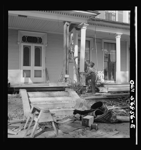 Untitled photo, possibly related to: Miscellaneous lot of photographs by Barbara Wright, e.g. University of Virginia, Franconia, New Hampshire, Maine. Repairs being made to the Washburne homestead "The Norlands," Livermore, Maine