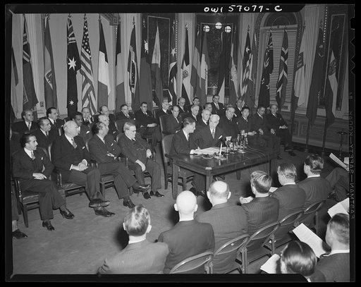 Washington, D.C. Secretary of State Stettinius and French Ambassador Henri Bonnet on the occasion of the signing the United Nations declaration for France at the State Department