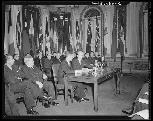 Secretary of State Stettinius and French Ambassador Henri Bonnet on the occasion of the signing the United Nations declaration for France at the State Department