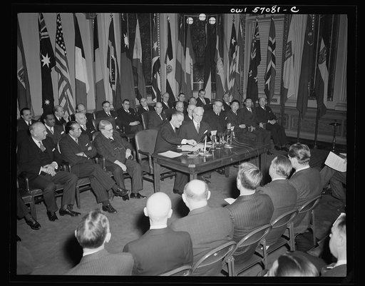 Secretary of State Stettinius and French Ambassador Henri Bonnet on the occasion of the signing the United Nations declaration for France at the State Department