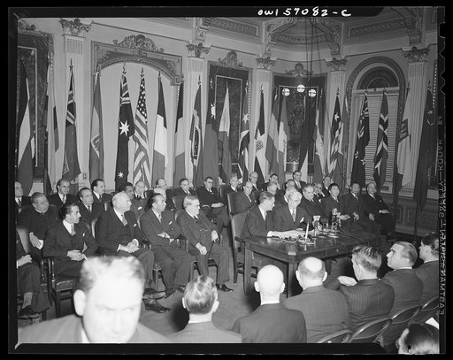 Secretary of State Stettinius and French Ambassador Henri Bonnet on the occasion of the signing the United Nations declaration for France at the State Department