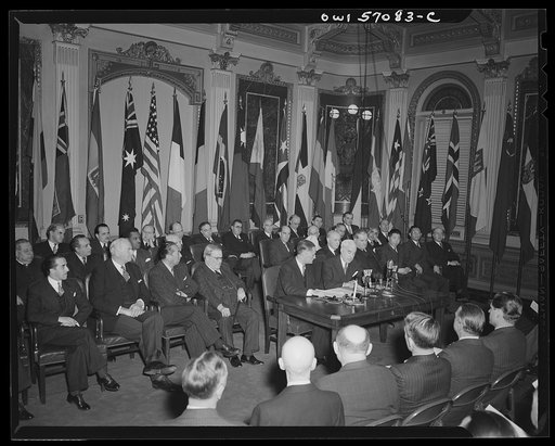Secretary of State Stettinius and French Ambassador Henri Bonnet on the occasion of the signing the United Nations declaration for France at the State Department