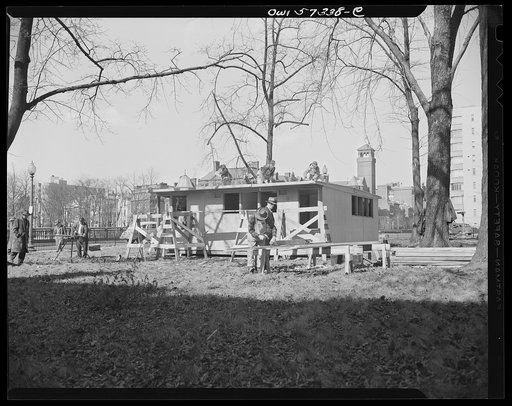 Houses for Britain.  Assembling pre-fabricated temporary emergency house at Scott Circle, Washington, D.C., of the type to be shipped by the United States to Great Britain under lend-lease