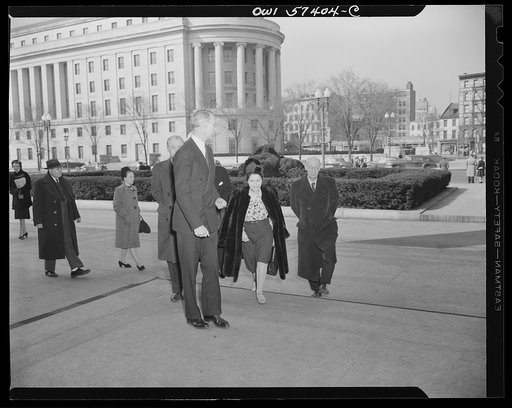 Visiting French journalists outside the National Gallery of Art, Washington, D.C.