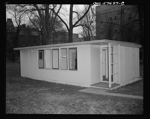 Houses for Britain. Front entrance of a prefabricated house erected at Scott Circle, Washington, D.C. of the type of temporary, emergency dwelling which it is planned to ship to Great Britain under lend-lease