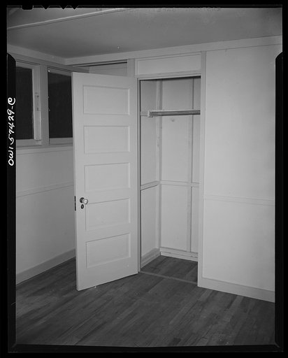 Houses for Britain. Closet in bedroom of prefabricated model house erected by the Federal Public Housing Authority at Scott Circle, Washington, D.C. of the type of temporary, emergency dwellings which it is planned to ship to Great Britain under lend-lease. Doors of closets to be omitted in England
