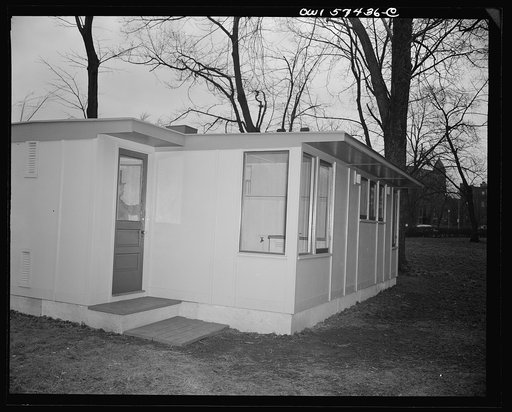 Houses for Britain. Kitchen entrance to model house erected by the Federal Public Housing Authority at Scott Circle, Washington, D.C. of the type which it is planned to ship to Great Britain under lend-lease. This prefabricated, temporary, emergency house was designed to use a minimum of critical ma