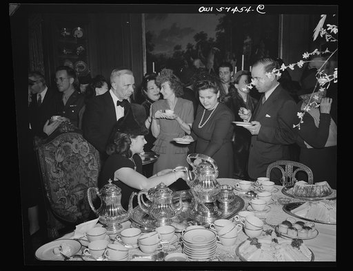 Mrs. A. Slionsaremko, wife of First Secretary of Russian Embassy, Madame Wei Tao Ming, Mrs. Walter Lippman (?), Madame Andrei A. Gromyko at a reception celebrating International Women's Day at the home of Joseph E. Davies, former United States Ambassador to the Union of Soviet Socialist Republics