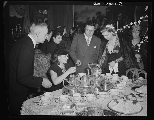 Mrs. A. Slionsaremko, wife of First Secretary of Russian Embassy, and Senator and Mrs. Brien McMahon at a reception celebrating International Women's Day at the home of Joseph E. Davies, former United States Ambassador to the Union of Soviet Socialist Republics