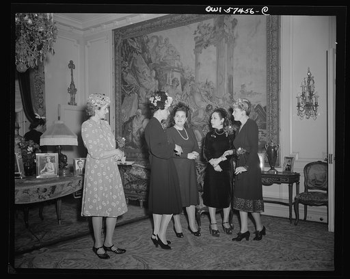 Lady Sansom, Madame Bonnet, Madame Gromyko, Madame Wei Tao-Ming, Mrs. Joseph E. Davies - a receiving line at a reception celebrating International Women's Day at the home of Joseph E. Davies, former United States Ambassador to the Union of Soviet Socialist Republics