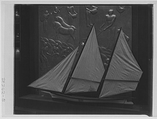 Rural arts exhibition held under the auspices of the Farm Security Administration (FSA) in the patio of the U.S. Department of Agriculture building. Aluminum doors made by Otto Wester, Farm Security Administration (FSA) for community building in New Jersey; boat made in Maryland?