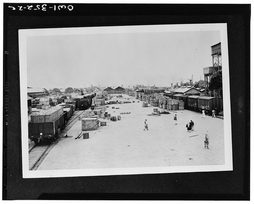 U.S. Army supplies arriving in India via rail from a seaport