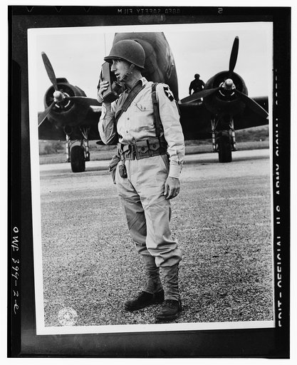 Airborne Infantry officer using a "walkie-talkie," a radio field telephone, during maneuvers of the Third Army, commanded by Lieutenant General Walter Kreuger