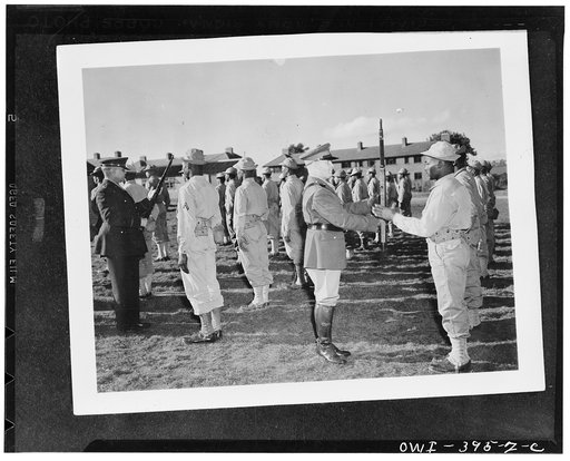 Brigadier General Benjamin O. Davis (left) and Major General John H. Lee inspecting U.S. colored troops somewhere in England