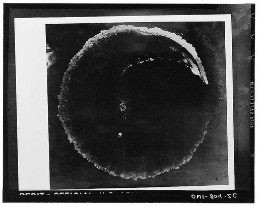 Japanese plane carrier circling to avoid attack by United States airmen at Midway, as seen from a B-17 American bomber