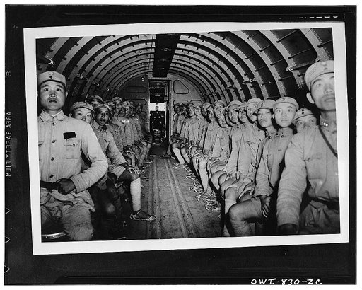 The interior of the DC-3 with its complement of Chinese soldiers enroute to India on their task missions being transported by United States Army Air force flyers