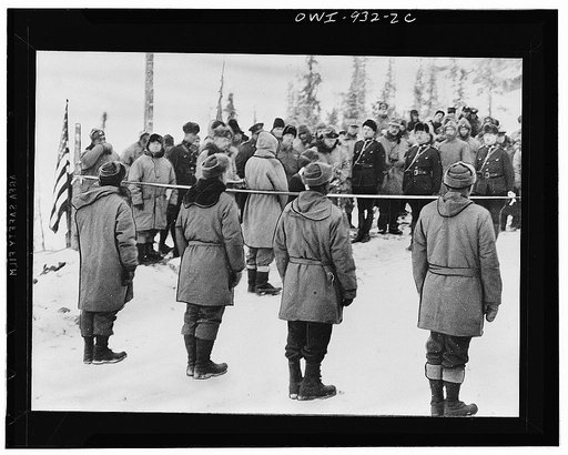 Opening ceremonies of the Alcan Highway at Soldiers' Summit, a stretch of highway 1500 feet above the wide swath of Kluane Lake, which is approximately 100 miles east of the Alaska-Yukon international boundary