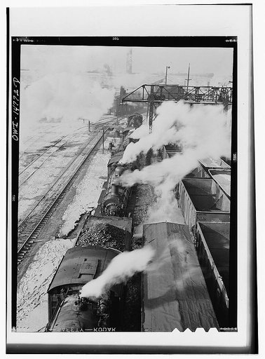 Chicago, Illinois. Locomotives lined up for coal, sand and water at the coaling station in the yard of the Chicago and Northwestern Railroad