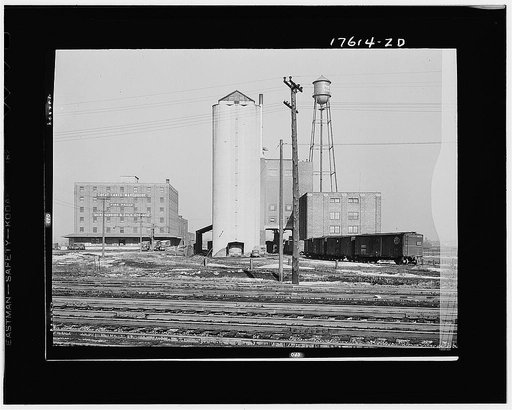 Chicago, Illinois. Warehouses and elevator near the freight yards of the Indiana Harbor Belt line railroad
