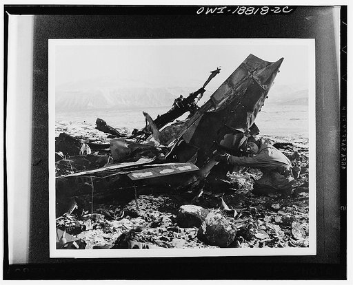 Wreckage of a Focke-Wulf 200 downed in combat by American Air forces. Lieutenants Ingleido and Morrison, somewhere in Iceland
