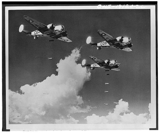 Carlsbad, New Mexico. AT-11 training bombers at the United States Army Air forces advanced flying school dropping practice bombs