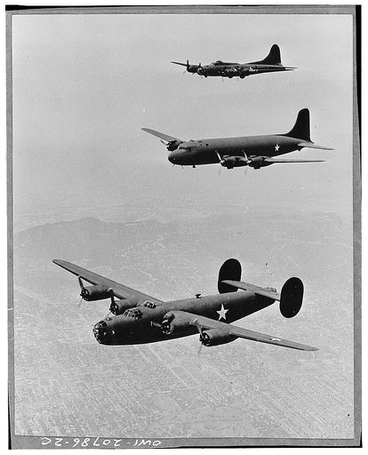 United States planes in echelon formation. From the top: Boeing Flying Fortress (B17); Douglas Transport; Consolidated Liberator (B 24)