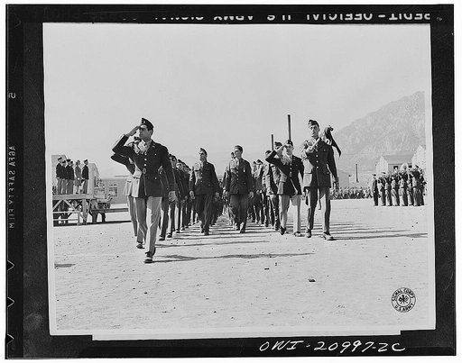 Camp Carson, Colorado. The 122 Infantry greek Battalion passing the reviewing stand at their activation ceremonies