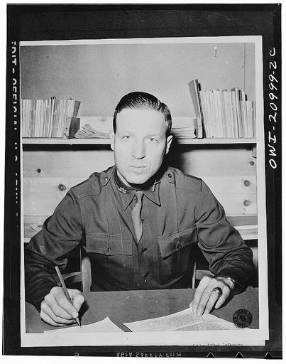 Camp Carson, Colorado. Major Peter D Clainos of Manchester, New Hampshire, commanding officer of the 128 Infantry Greek battalion