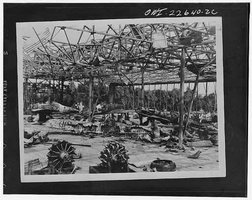 Enemy air equipment and installations took a heavy pounding from bombers of the United States Army Air Forces as they pursued Marshal Erwin Rommel's retreating Afrika Korps through Libya and Tripoli to the Tunisian coast. This was once a hangar at Castel Benito Airdrome