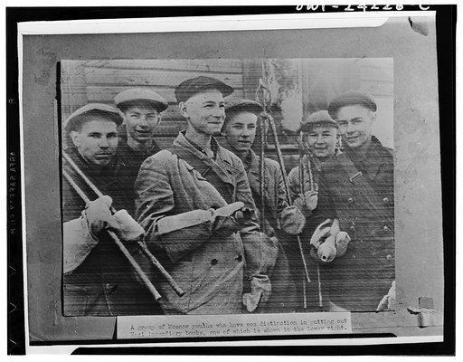 School boys trained to deal with incendiary bombs in the USSR (Union of Soviet Socialist Republics)