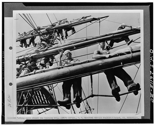 Saint Petersburg, Florida. Trainees furling sails aboard the training ship, "Joseph Conrad"