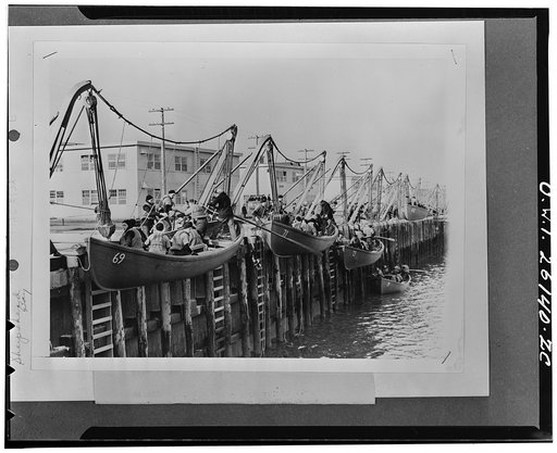Sheepshead Bay, Brooklyn, N.Y. In training for service with merchant vessels apprentice seamen at the new United States Maritime service training station, learn the ropes for the call of "Abandon Ship!" They are practicing letting small boats down from the davits. Superintendant of the station is Co